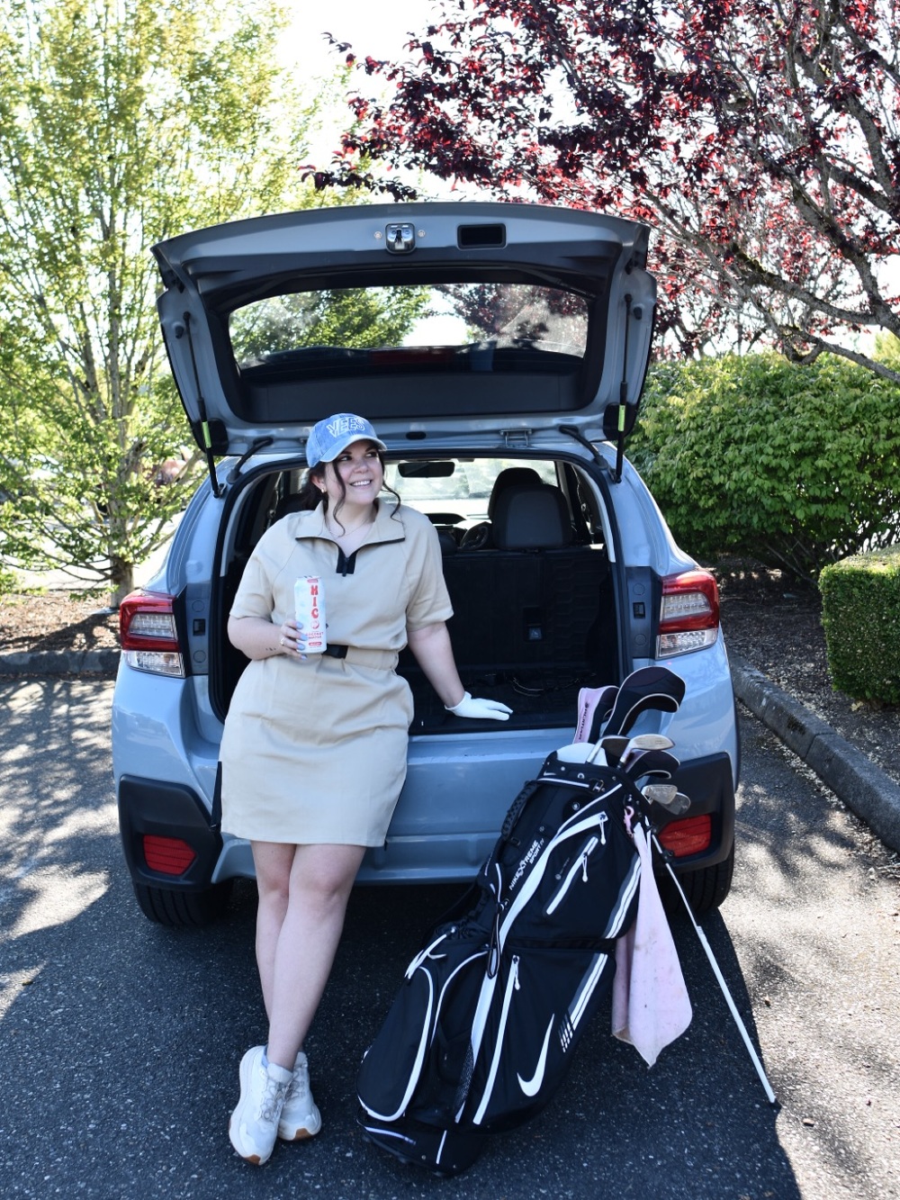 Vees Golf Circe Dress | Beige Short Sleeve Cinch-Waist Dress with Black Belt